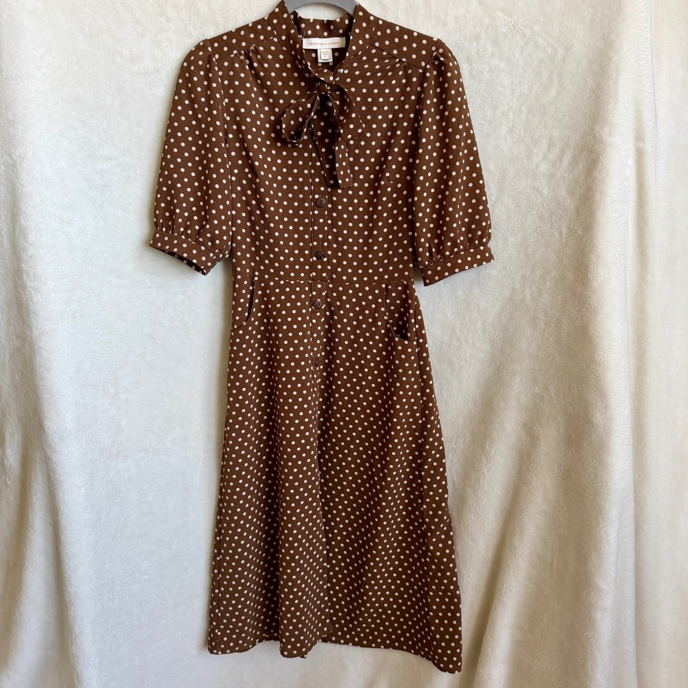Monteau Los Angeles Womens Brown Polka Dot Puff Sleeve Midi Dress Size Small